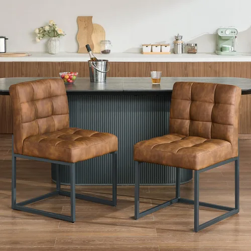 Miniatura 4 de GrandNoor Juego de 4 sillas de comedor de piel sintética color café, sillas de comedor modernas de mediados de siglo sin reposabrazos, silla