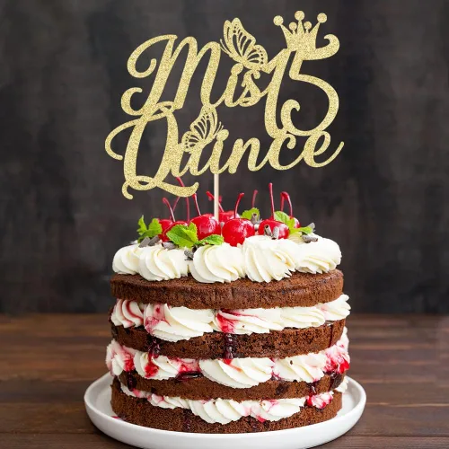 Miniatura 6 de Kaoenla Mis membrillo 15 para tartas dorado con purpurina para cumpleaños 15, saludos a los 15 años, quinceañera, decoraciones de feliz cumpleaños