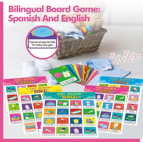 Miniatura 6 de Juego de bingo para baby shower, 50 tarjetas de bingo bilingües en español e inglés para fiesta de revelación de género, baby shower, recuerdos