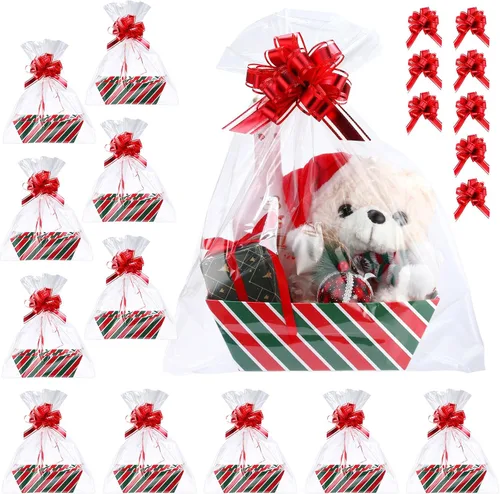 Miniatura 9 de Thenshop 44 Piezas Canasta para Regalos Canasta de Regalo Vacía a Granel Incluye 12 Bandejas de Cartón 12 Bolsas de Plástico y 20 Lazos Decorativos