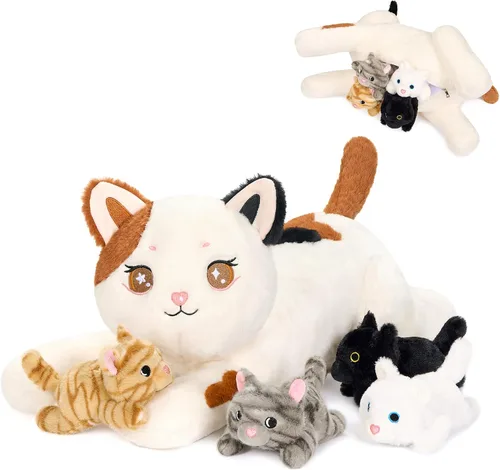 Onsoyours Original 5 piezas de animales de peluche de gato con bebés adentro, peluche Kawaii Kiity con mamá y 4 gatitos - Lindos juguetes de peluche