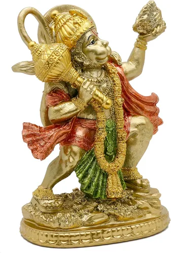 Miniatura 7 de Estatua hindú de Dios Señor Volador Hanuman – Escultura de Ídolo de la India Murti Pooja – Figura con acabado de oro indio para decoración