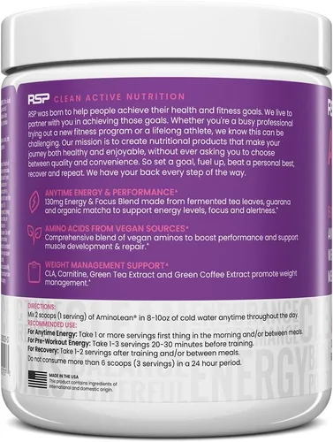 Miniatura 6 de RSP Vegan AminoLean – Completamente natural para antes del entrenamiento con BCAA Vegano, amino energía todo-en-uno, gestión de peso, recuperación