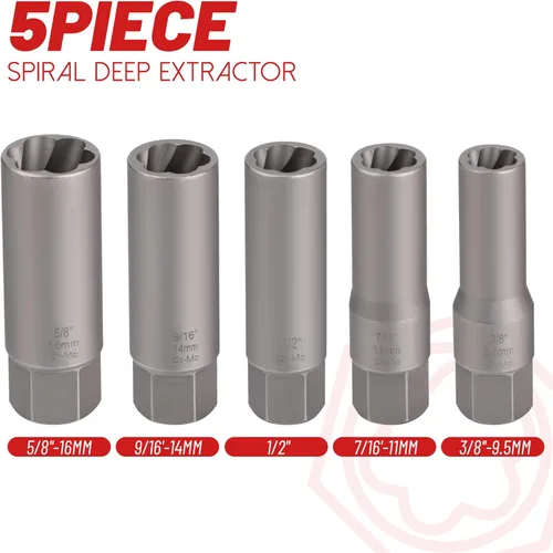 Miniatura 5 de Juego de 5 piezas de extractor de pernos en espiral profundo, juego de extractor de tuercas de rueda para pernos rayados, juego de extractor