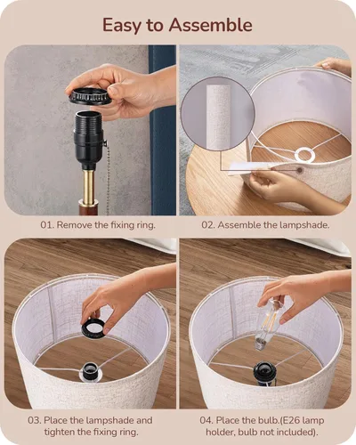 Miniatura 5 de EDISHINE Juego de 2 lámparas de mesa de mediados de siglo, lámpara de noche con interruptor de cadena, pantalla de lino, poste de madera maciza