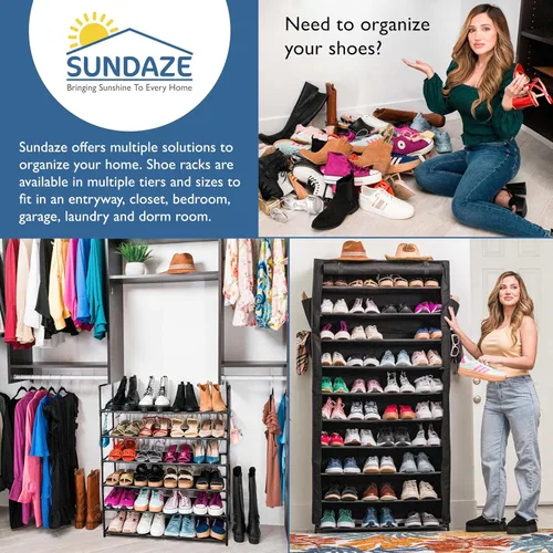 Miniatura 6 de Sundaze Zapatero con cubierta - Estante para zapatos de 10 niveles para entrada de puerta frontal, organizador de zapatos alto y resistente