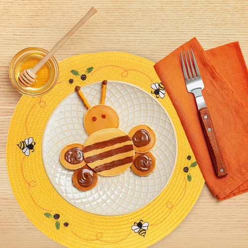 Miniatura 4 de Whaline 4 piezas de manteles redondos con diseño de abeja y girasol bordados, manteles florales para mesa de comedor en casa, para primavera