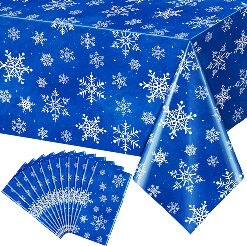 Miniatura 11 de 3 Piezas Decoraciones de Mantel de Fiesta de Plástico con Copos de Nieve de Navidad, Cartel de Fondo Navideño Azul con Copo de Nieve Blanco Cubierta