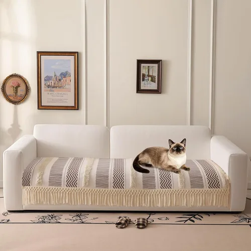 VClife Funda de Sofá Boho de Algodón y Lino con Mechones y Borlas, Funda de Sofá para Perros para Sofá de 2 Cojines, Funda de Sofá Antideslizante
