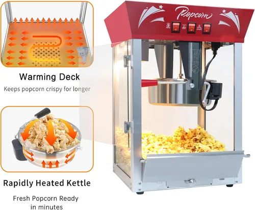Miniatura 7 de Máquina comercial de palomitas de maíz de 12 onzas con luz de calentamiento, hace 60 tazas, máquina de acero inoxidable estilo teatro con vidrio