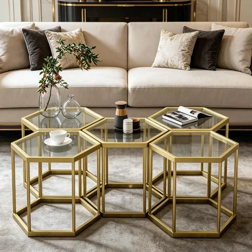 Miniatura 5 de Mesa auxiliar modular hexagonal, marco chapado en oro, parte superior de vidrio templado, mesa auxiliar geométrica, mesa anidable multiusos
