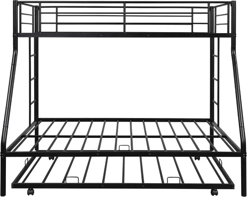 Miniatura 7 de KLMM Literas de metal de tamaño individual sobre matrimonial con 2 escaleras y cama nido para niños, adolescentes y adultos, (negro)