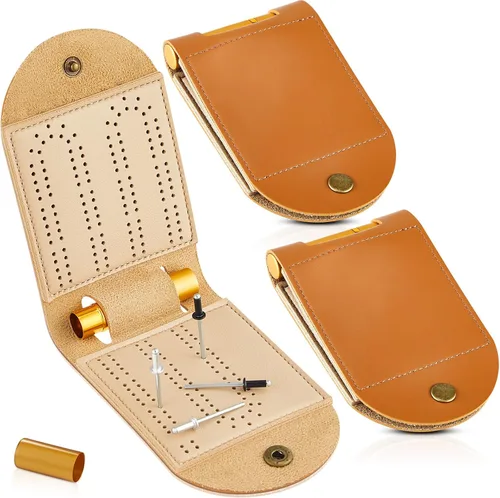 Liliful Paquete de 2 juegos de mesa de viaje portátil de piel sintética con almacenamiento de tarjetas, 4 clavijas de metal, 1 ranura, plegables de