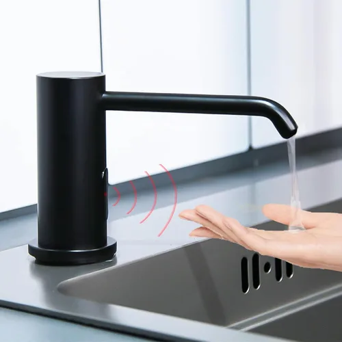 Dispensador automático de jabón para fregadero de cocina, dispensador de jabón líquido integrado sin contacto negro mate con dispensador de jabón