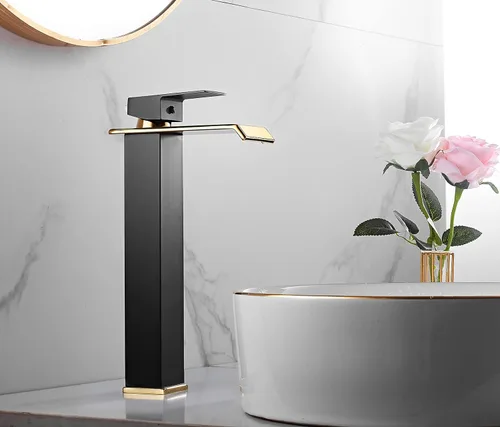Miniatura 3 de Grifo de recipiente de baño, cascada de oro negro, grifo de fregadero de un agujero, grifos de baño, grifo de baño alto de una sola manija de Negro