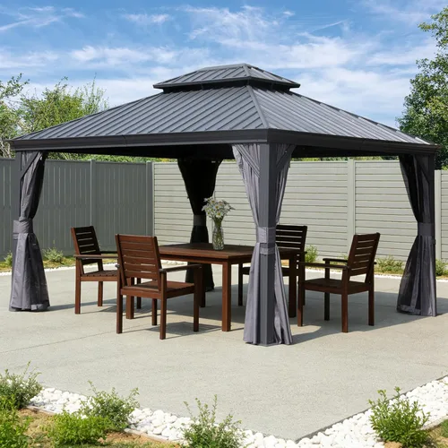 Miniatura 25 de Domi - Cenador de techo rígido de 8 x 8 pies con malla y cortinas, cenador para exteriores con techo doble de acero galvanizado para patio, césped