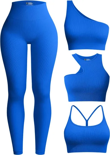 OQQ Conjunto de entrenamiento de 4 piezas para mujer, leggings de cintura alta acanalados para yoga con camiseta corta de 3 piezas con brasier