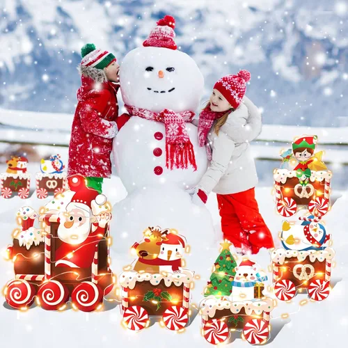 Miniatura 2 de Decoraciones de Tren de Navidad para Patio con Luces LED - Juego de Árbol de Navidad, Muñeco de Nieve y Tren para Patio con Estacas