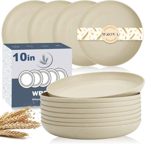 Miniatura 10 de Wrova Platos de paja de trigo – Juego de 8 platos llanos irrompibles de 8 pulgadas – Platos de plástico aptos para lavavajillas y microondas