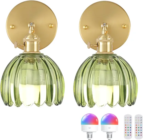 Miniatura 23 de Shenmoyl Aplique de Pared Vintage Operado por Batería con Linda Campana de Vidrio Tulipán Verde, Recargable Inalámbrica, Luz de Pared con Control
