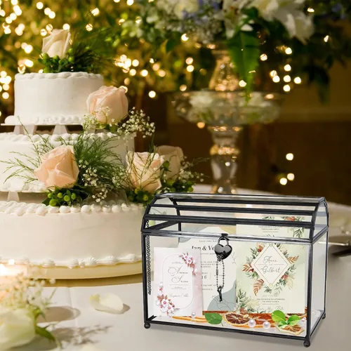Miniatura 5 de HighFree Caja grande de cristal para tarjetas de boda de 12.2 pulgadas con ranura y cerradura, terrario geométrico de cobre hecho a mano, caja