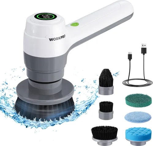 Miniatura 8 de WORKPRO Limpiador eléctrico giratorio, cepillo de limpieza inalámbrico, 3 velocidades, mango largo ajustable y 8 cabezales de cepillo reemplazables