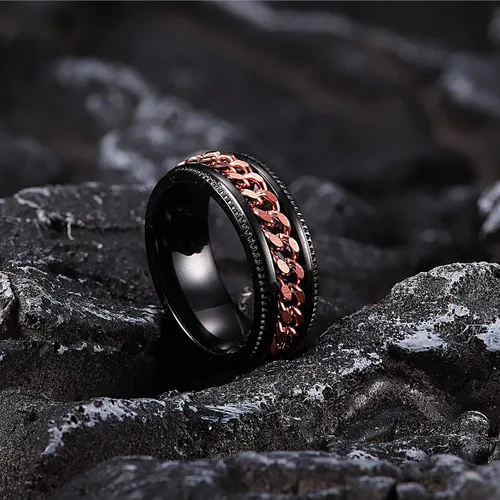 Miniatura 5 de FIBO STEEL - Anillos de acero inoxidable de 8mm para hombres, anillos con cadena incrustada y borde con textura, disponible en tallas 7-14