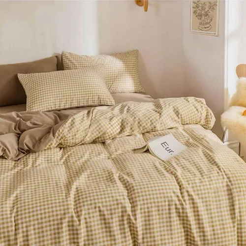 Miniatura 4 de Juego de colcha tamaño king de ETDIFFE, color marrón, 3 piezas, juego de ropa de cama color beige con estampado Gingham de rejilla - colcha suave