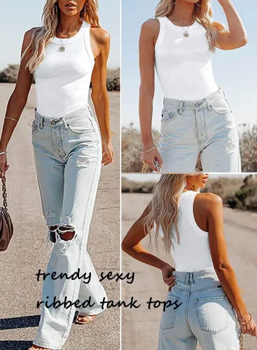 Miniatura 4 de Samefar Camiseta sin mangas de punto delgado para mujer, con espalda cruzada, casual, básica, acanalada