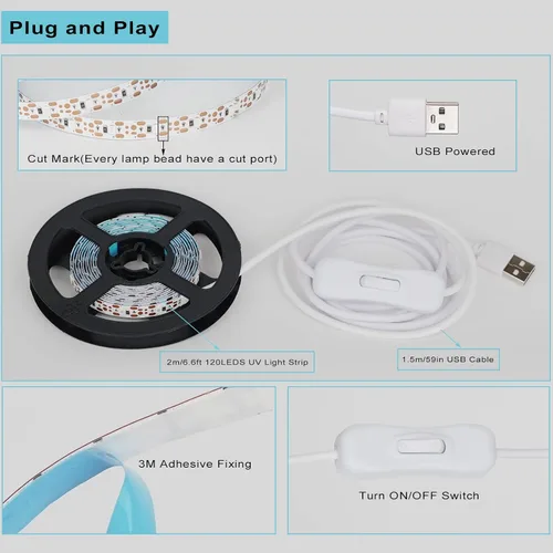 Miniatura 3 de Tiras de luz LED negras de 6.6 pies, 120 perlas de lámpara, kit de tira de luz negra LED con cable USB de 1.5 m, tira de luz Blacklight flexible