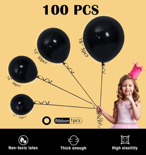 Miniatura 2 de Ponamfo Globos de látex negros para fiesta, 100 globos de 18 + 12 + 10 + 5 pulgadas, kit de arco de globos como globos de fiesta de cumpleaños