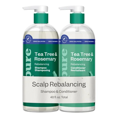 Renpure Juego de champú y acondicionador de árbol de té y romero, a base de plantas, refresca y reequilibra el cabello y el cuero cabelludo, para