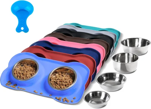Hubulk - Comedero doble de acero inoxidable con base de silicona antideslizante antiderrames y pala para alimento, para perros pequeños, medianos,