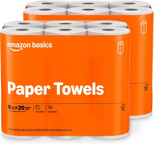Amazon Basics Toallas de papel de hojas flexibles de 2 capas, 12 rollos básicos = 40 rollos regulares, valor diario con 150 hojas por rollo, el