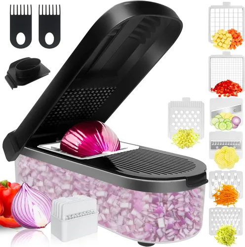Miniatura 7 de LHS Picador multifuncional de alimentos, cebolla, cortador de verduras, cortador de papas, picador de verduras con recipiente (4 en 1, negro)