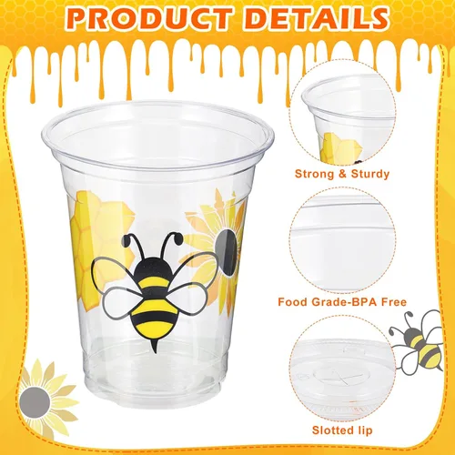 Miniatura 3 de Sliner 120 vasos de decoración de fiesta de abeja de miel, vasos de plástico desechables transparentes de 12 onzas, vasos de plástico para el primer
