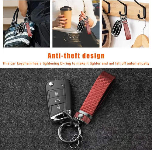 Miniatura 6 de Ziciner Llavero de coche de fibra de carbono, llavero universal de cuero de alta calidad, giratorio de 360 grados con anillo en D antipérdida