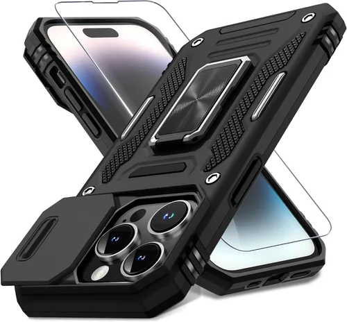 Miniatura 393 de DEERLAMN Funda para iPhone Xs Max con funda deslizante para cámara + protector de pantalla, soporte giratorio de anillo de grado militar a prueba