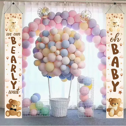 Miniatura 9 de Decoración de baby shower con texto en inglés «We Can Bearly Wait», 2 unidades, oso para baby shower, porche, letrero de revelación de género