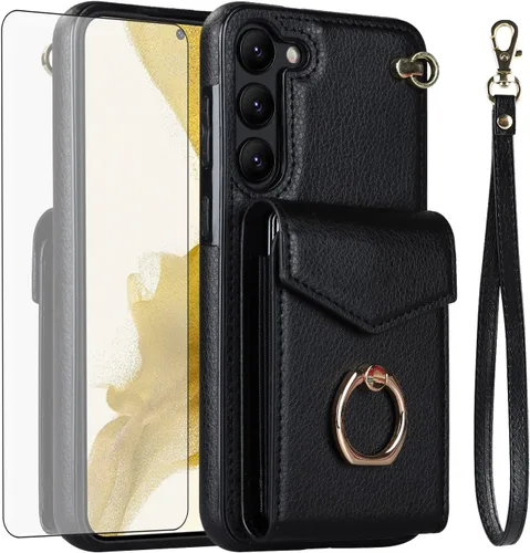 Asuwish Funda de teléfono para Samsung Galaxy S23 5G Funda tipo cartera con protector de pantalla de vidrio templado y soporte de anillo para Negro