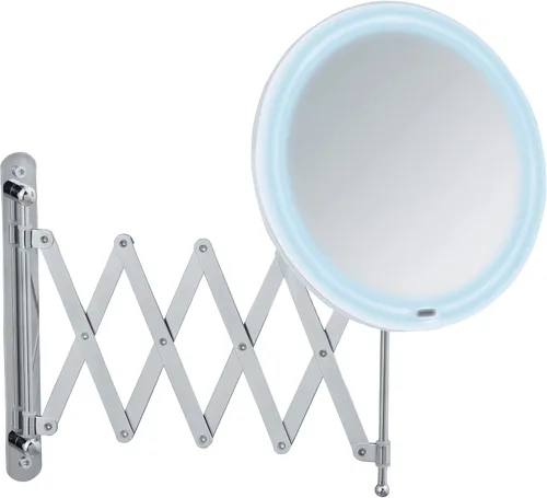 WENKO Barona - Espejo de pared telescópico LED con iluminación LED, espejo de maquillaje con brazo extensible (21.7 in), altura y pivote ajustable,
