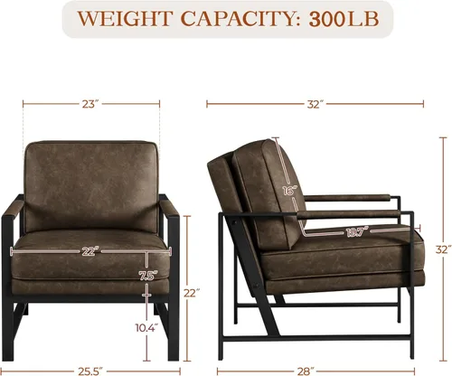 Miniatura 3 de Yaheetech Sillones de piel sintética, silla retro de ocio con acolchado y cojín extrasuave, respaldo inclinado de 105 grados, moderno sillón