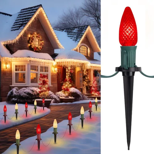 Miniatura 17 de Tira de luces LED estilo sendero de Navidad para exteriores; tira de 20 luces LED C9 con carcasa de fresa y estaca, interconectables, luz cálida