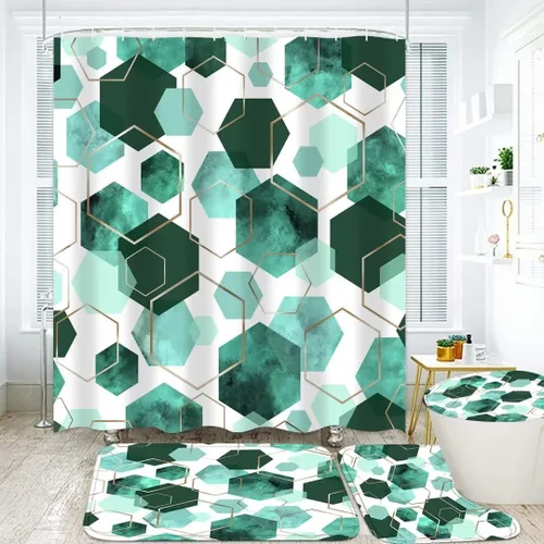 Miniatura 8 de LQCOOL Juego de cortinas de baño azules, 4 piezas de cortina de ducha geométrica de arte moderno con 12 ganchos, impermeable, opaca, 70.8 pies