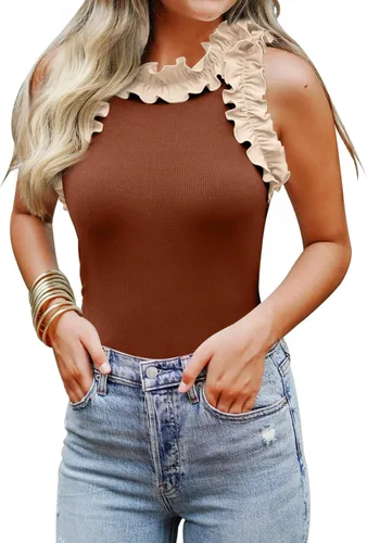 Miniatura 20 de WAYMAKER - Camiseta sin mangas para mujer, body de estilo sexy con espalda cruzada, cuello de tortuga simulado y ribeteado
