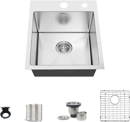 Miniatura 7 de TORVA Fregadero de cocina de 18 pulgadas, fregadero de estación de trabajo de barra de acero inoxidable de 18 x 18 x 9 pulgadas, fregadero pequeño
