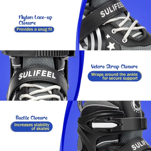 Miniatura 3 de SULIFEEL Rainbow Unicorn - Patines ajustables de 4 tamaños para niñas y niños de 3-5, 5-8, 6-12 años, patines para interiores y exteriores E Negro
