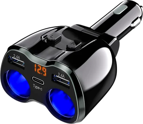Otium Cargador de coche USB C, 2 enchufes, divisor de encendedor de cigarrillos, 12/24 V, 80 W, puertos duales USB tipo C, interruptor separado,