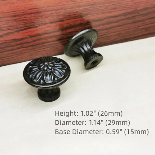Miniatura 4 de Pomo de un solo agujero negro antiguo con diseño de pétalos vintage americano, accesorios de gabinete de aleación de zinc para tiradores de cocina