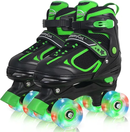 MammyGol Patines de ruedas para niños y niñas, patines cuádruples de 4 tamaños ajustables para niños con todas las ruedas que se iluminan, Verde